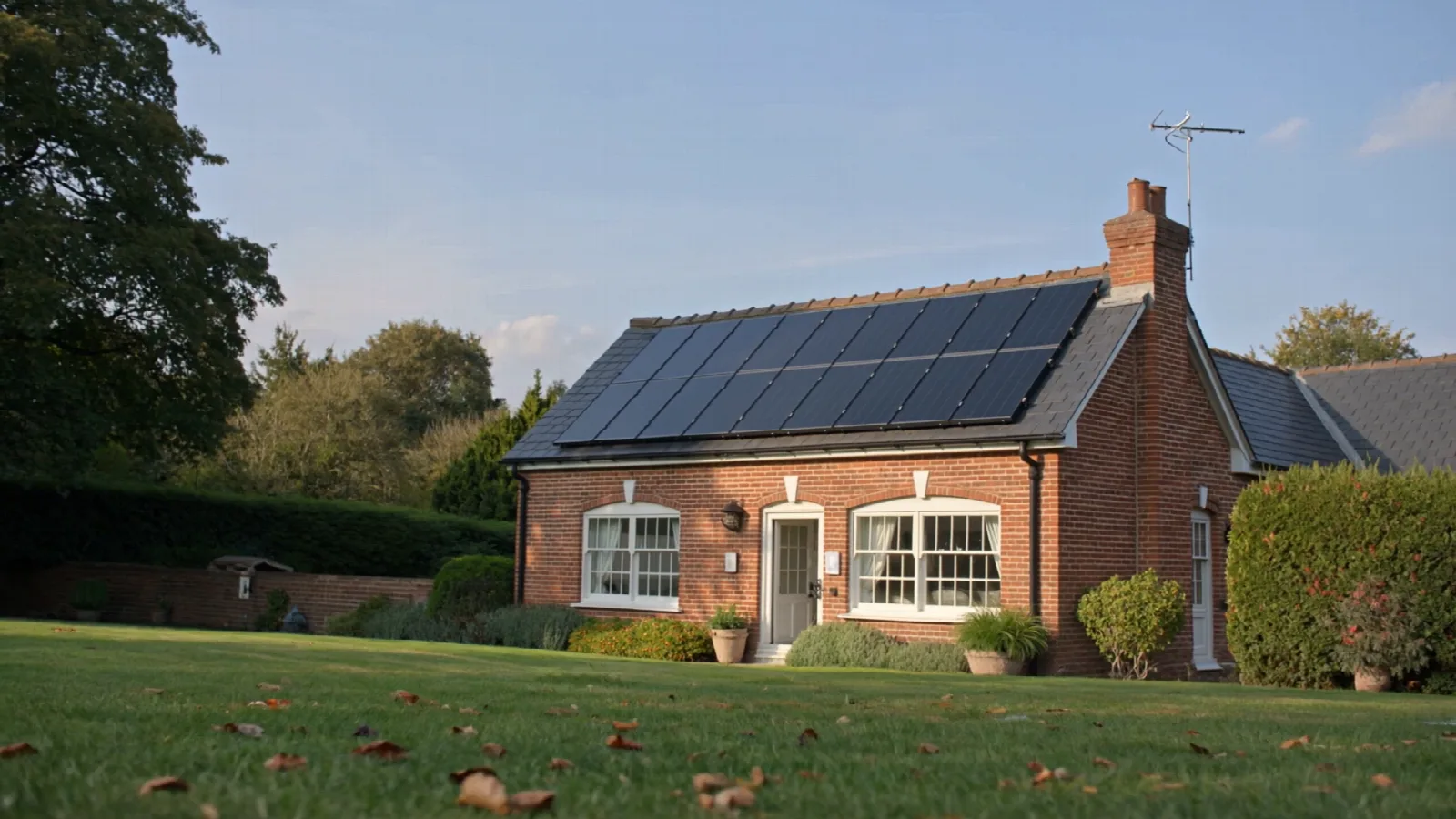 Solar panels on a British brick home in a sunlit garden — illustrative scene